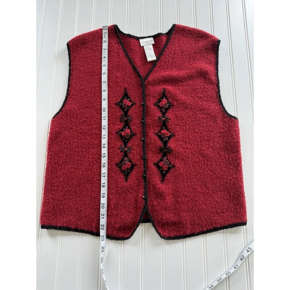 Vintage Koret Petites Sweater Vest L Red Floral Velvet Rose Cottagecore 90s